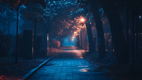 Moody city walkway under cinematic blue and amber lights.