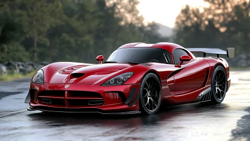 Scarlet track predator stretches low across rain‑slick asphalt