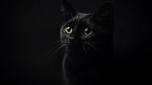 Black cat with luminous amber eyes against dark backdrop using chiaroscuro technique
