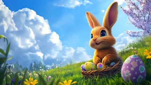 Stylized Easter rabbit rendered in HDR-like lighting on grassy hill