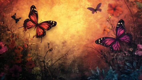 Sunlit monarch butterflies over floral twilight garden.