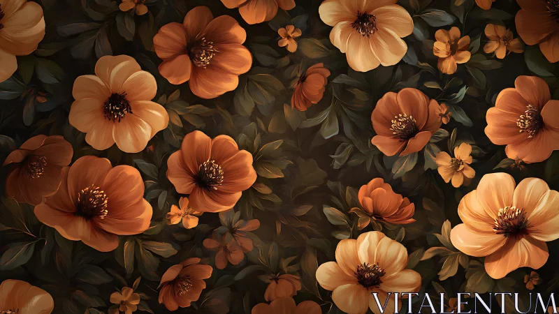 Lush Botanical Pattern with Warm Terracotta Blooms.