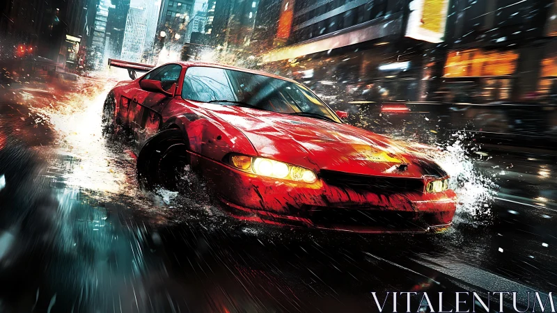 Red street racer carving neon-lit rain through the cityscape.