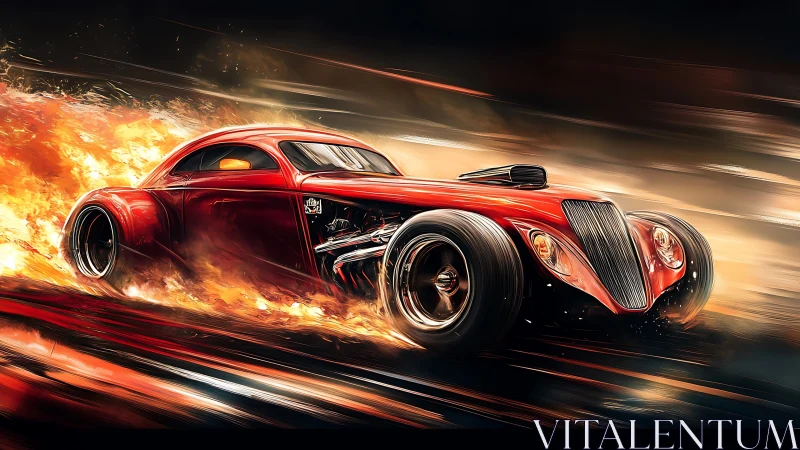 Blazing red hot rod surging through stylized firestorm streets.