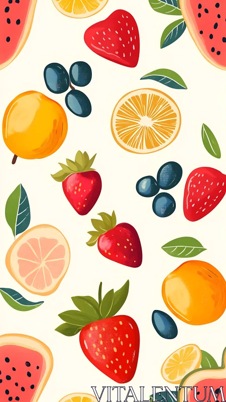 Seamless pattern with assorted stylized fruit and leaves.