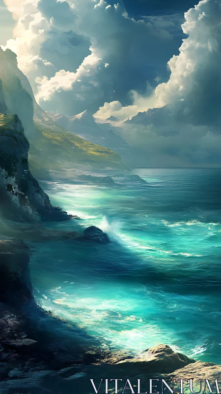Stormlit turquoise waves flirt boldly with misty mountain cliffs