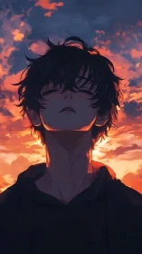 Silhouetted anime boy under vivid orange sunset sky.