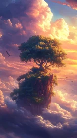 Sky-drifting tree isle crowned by blazing sunset clouds.