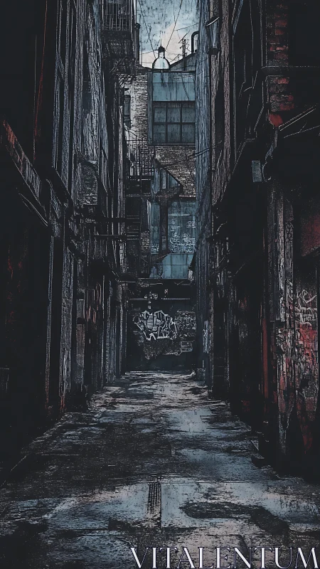 Dark urban alleyway with graffiti and worn brick walls.
