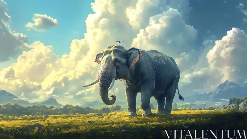 Large elephant stands in open field beneath dense cloud bank