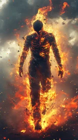 Incandescent humanoid silhouette strides through volumetric flames and ash