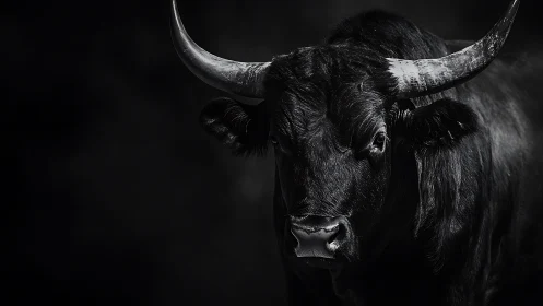 Powerful black bull stands calmly in dramatic shadowed light