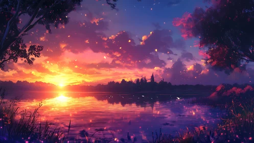 Radiant lakeside sunset with luminous magenta cloudscape.