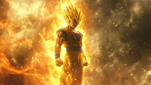 Golden warrior erupts from blazing storm of cosmic fire.