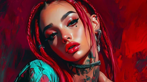 Crimson-braided rebel muse under electric scarlet skies.