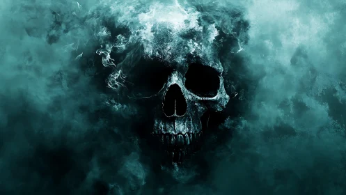 Dark skull emerging from swirling teal fog and smoke.