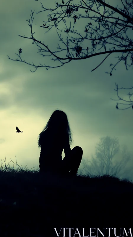 Solitary girl silhouette under moody twilight sky.