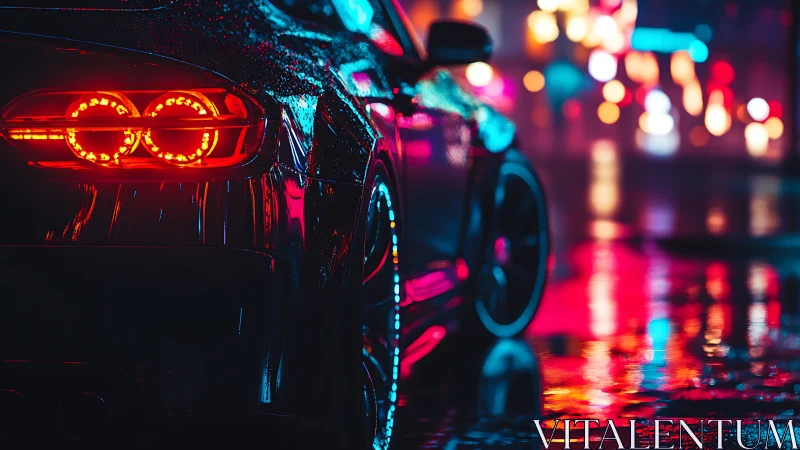 Neon-soaked sports car tail-lights on rainy city street.