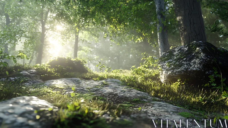 Misty Forest Path Through Ancient Trees and Dappled Sunlight