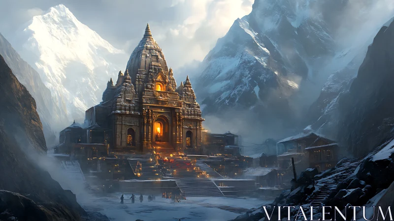 Mountain temple complex with snow-covered peaks at dusk.