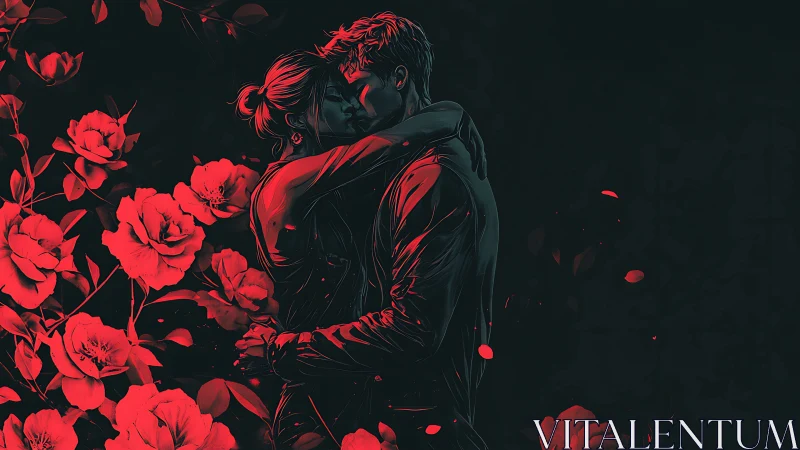 Two Hearts Embrace Among Glowing Crimson Blooms