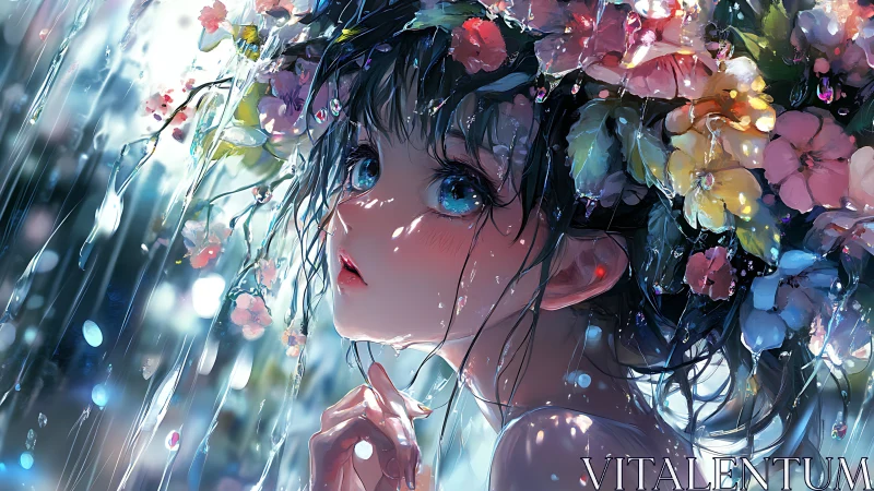 Rainlit flower-crowned girl gazing through the silver storm.