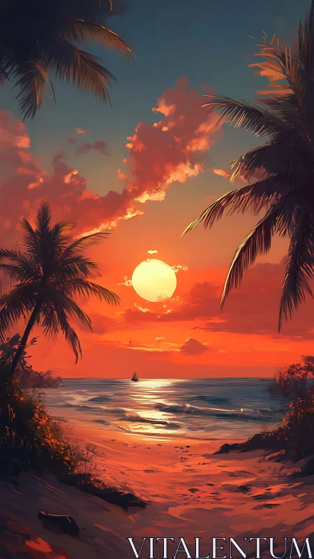 Radiant tropical sunset bathes a tranquil palm-lined shore.