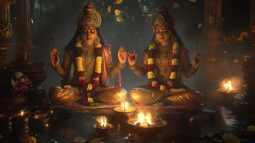 Golden-lit twin deities amid ritual lamps and floating petals