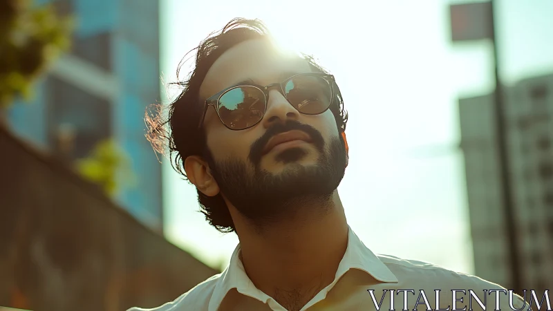 Sunlit city pause with a calm, confident gaze upward.