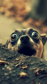 Big-eyed puppy peeking over a ledge in quiet surprise.
