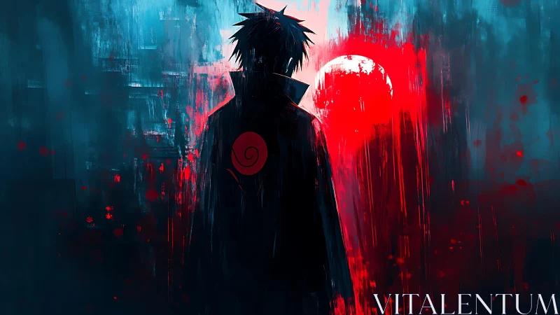 Solitary figure before blood-red moon in painterly neon dusk.