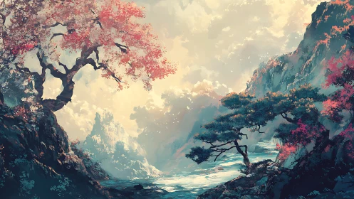 Dreamlit canyon trees guard a misty river of wandering light.