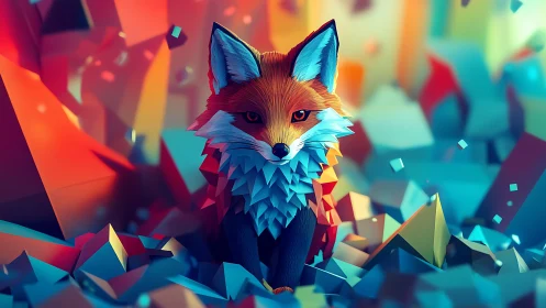 Geometric fox sits in luminous abstract crystal landscape
