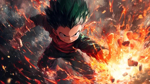 Flame-charged young hero punches open a molten corridor