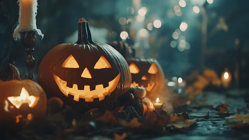 Illuminated carved pumpkins display jack-o-lantern faces