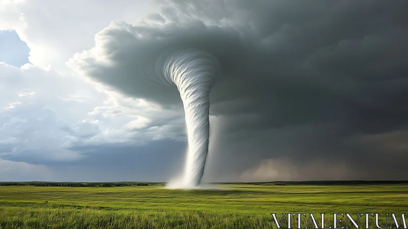 Storm-spun tornado column drilling into luminous green plains.