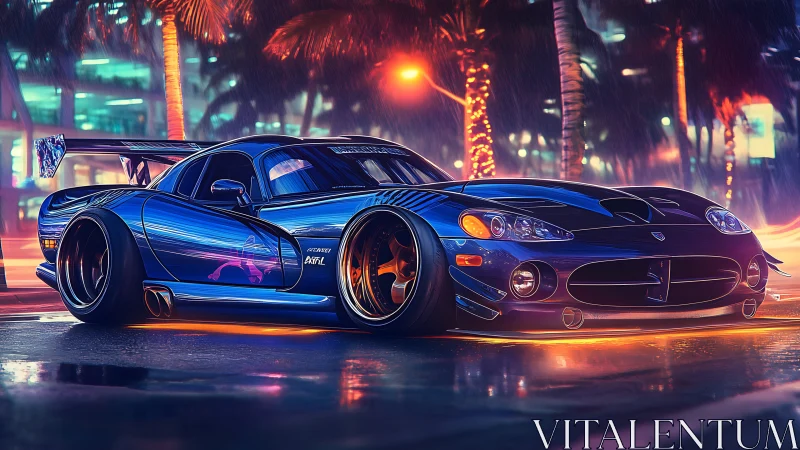 Modified sports coupe on wet neon city street at night.