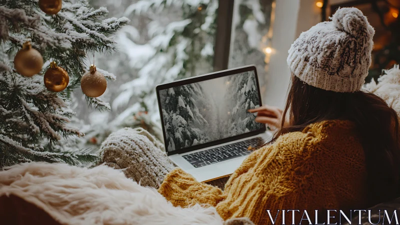 Cozy winter afternoon by the tree with laptop and soft lights.