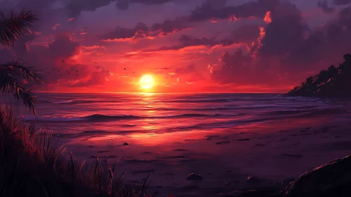 Coastal horizon with red-toned sunset over calm ocean waters.