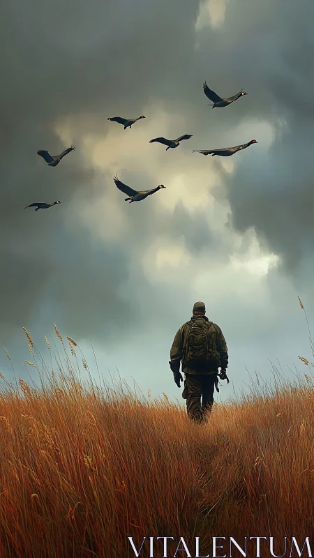 Photorealistic lone hiker under migrating geese in storm sky.