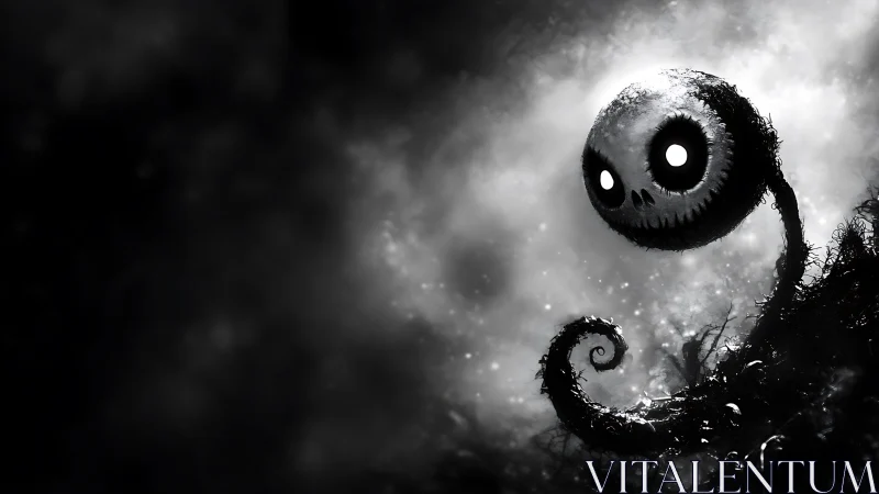 Monochrome skeletal orb over twisting organic ground.