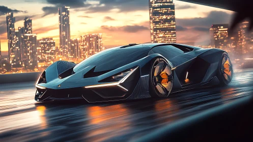 Daring futuristic supercar glides along a glowing city skyline