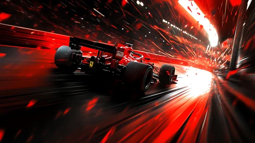 Red formula car explodes through neon speed tunnel