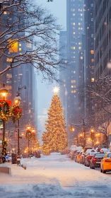 Snowy city street glows with towering Christmas tree lights