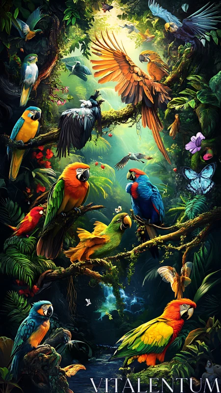 Vivid jungle parrots gather beneath glowing forest light.