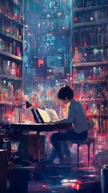 Solitary student reading in colorful digital library scene.