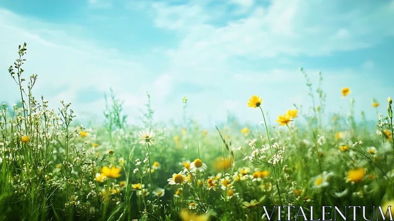 Photorealistic wildflower meadow under expansive spring sky.