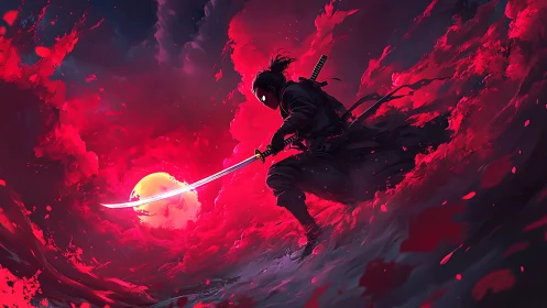 Lone crimson samurai carves moonlit paths through stormfire.