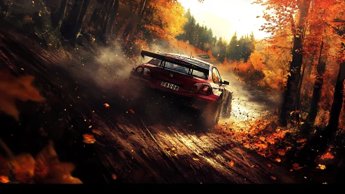 Rally car slings autumn sunlight into a storm of flying leaves