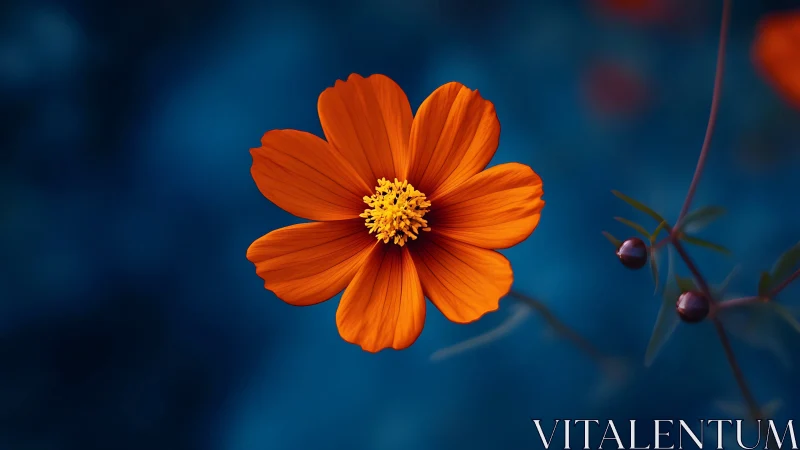 Vibrant Orange Cosmos Flower Against Deep Blue Background.